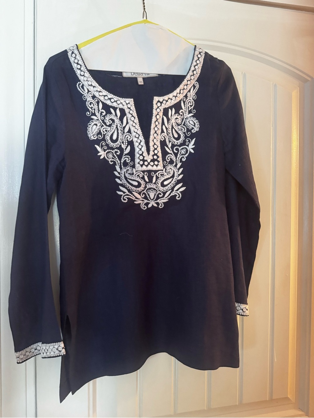 Bell tu Navy Embroidered Tunic Top with White Trim
